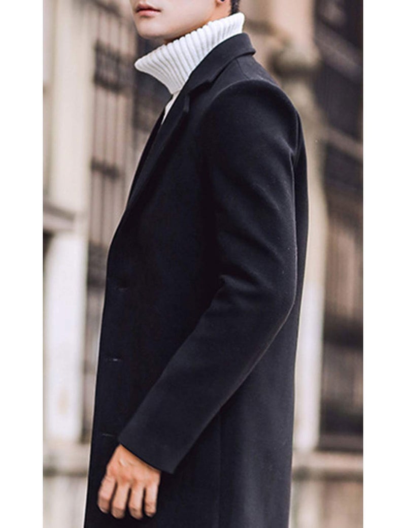 Tanming Mens Black Trench Coat Notched Lapel Single Breasted Long Peacoat Overcoat (Black-XL) - Image 4